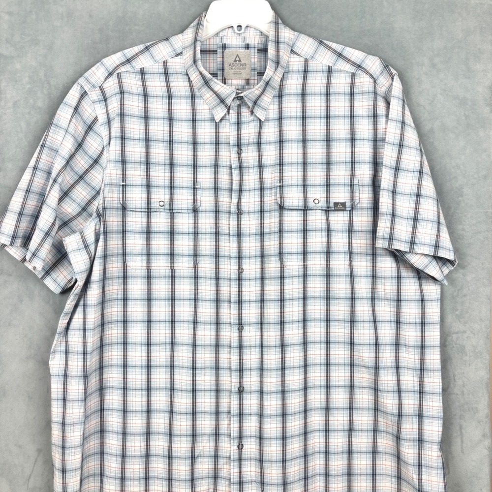 Ascend Mens 2XL Short Sleeve Button Down Plaid Shirt Blue Orange Outdoor Hiking